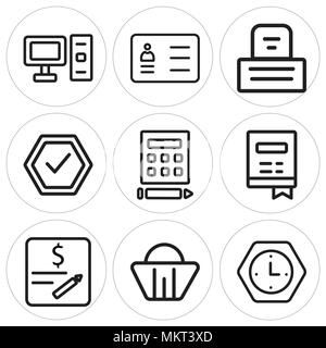 Set Of 9 simple editable icons such as Clock, Shopping basket, Checked, Notebook, Calculator, Printer, Curriculum, Computer, can be used for mobile, w Stock Vector