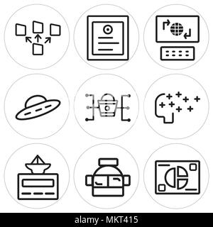Set Of 9 simple editable icons such as Analytics, Astronaut, Laboratory, Artificial intelligence, Marketing, Ufo, Laptop, Certificate, File transfer,  Stock Vector