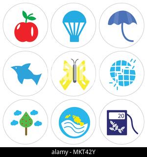 Set Of 9 simple editable icons such as Ecological Fuel, Pond, Two Trees and Cloud, Broken Earth, Big Butterfly, Dolphin Jumping, Inc, Hot air Balloon, Stock Vector
