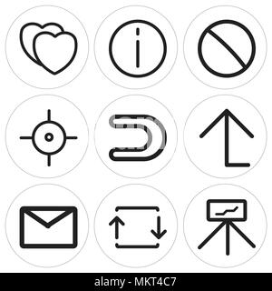 Set Of 9 simple editable icons such as Presentation, Export, Envelope, Up arrow, Magnet, Target, Prohibition, Info, Heart, can be used for mobile, web Stock Vector