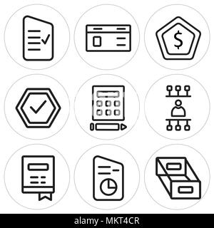 Set Of 9 simple editable icons such as Box, Stats, Notebook, Network, Calculator, Checked, Shield, Cit card, List, can be used for mobile, web Stock Vector