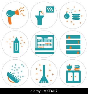 Set Of 9 simple editable icons such as Closet, Sweep, Brush, Dishwasher, Cream, Liquid, Sink, Hairdryer, can be used for mobile, web Stock Vector