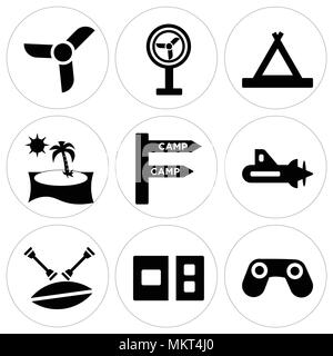 Set Of 9 simple editable icons such as Big Binocoulars, Postcard, Canoe, Submarine with Propeller, Camp, Beach Sunset, Tent, Old Ventilator, can be us Stock Vector