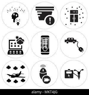 Set Of 9 simple editable icons such as Bike, Mouse, Airplane, Electric car, Power button, Weather forecast, Smart fridge, Smoke detector, User, can be Stock Vector