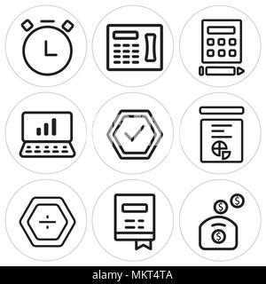 Set Of 9 simple editable icons such as Piggy bank, Notebook, Percentage, Stats, Checked, Report, Calculator, Fax, Stopwatch, can be used for mobile, w Stock Vector