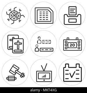 Set Of 9 simple editable icons such as Calendar, Television, Auction, Results, Bible, Ballot, Pie chart, can be used for mobile, web Stock Vector