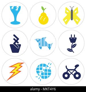 Set Of 9 simple editable icons such as Bicycle Facing Right, Broken Earth, Big Lightning, Ecological Electricity, Dolphin Jumping, Light Bulb, Butterf Stock Vector