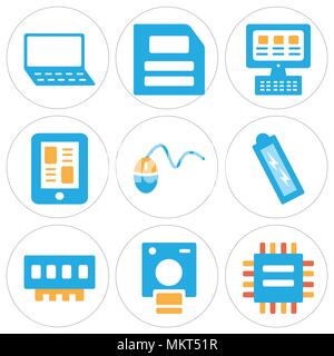 Set Of 9 simple editable icons such as Chip, Polaroid, Ram, Battery, Mouse, Smartphone, Laptop, Diskette, can be used for mobile, web Stock Vector