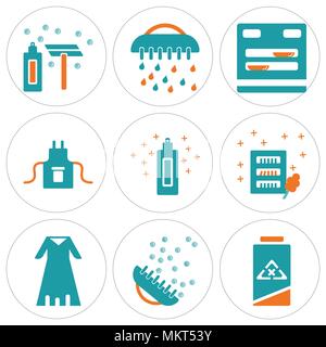 Set Of 9 simple editable icons such as Clean, Brush, Bathrobe, Wardrobe, Cream, Uniform, Dishwasher, Shave, can be used for mobile, web Stock Vector