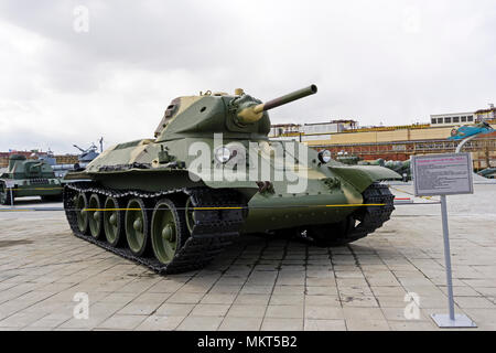 Verkhnyaya Pyshma, Russia - May 01, 2018: rare early version of the Soviet medium tank T-34 (model 1940) in the museum of military equipment Stock Photo