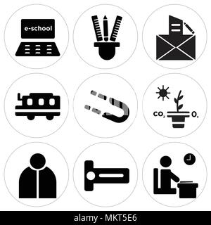 Set Of 9 simple editable icons such as Exam, Sharpener, Teacher, Photosynthesis, Magnet, School bus, Pencil case, Computer, can be used for mobile, we Stock Vector