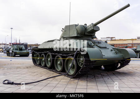 Verkhnyaya Pyshma, Russia - May 01, 2018: Soviet medium tank T-34-76 (model 1942), produced by the Ural Tank Factory, in the museum of military equipm Stock Photo