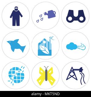 Set Of 9 simple editable icons such as Extracting Oil, Big Butterfly, Broken Earth, Cold Wind, Ecologic House, Dolphin Jumping, Binoculars, Watering C Stock Vector