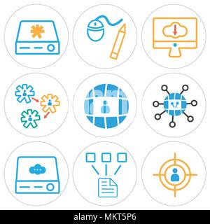 Set Of 9 simple editable icons such as Target, Network, Server, Settings, Monitor, Graphic tool, can be used for mobile, web Stock Vector