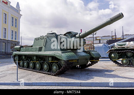 Verkhnyaya Pyshma, Russia - May 01, 2018: Soviet heavy self-propelled gun SU-152 in the museum of military equipment Stock Photo