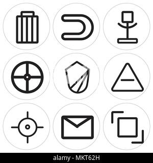 Set Of 9 simple editable icons such as Layer, Envelope, Target, Remove, Shield, Help, Voice recorder, Magnet, Garbage, can be used for mobile, web Stock Vector