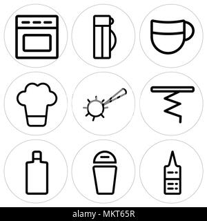 Set Of 9 simple editable icons such as Sauces, Trash, Wine bottle, Corkscrew, Pizza cutter, Chef hat, Beer, Thermo, Oven, can be used for mobile, web Stock Vector