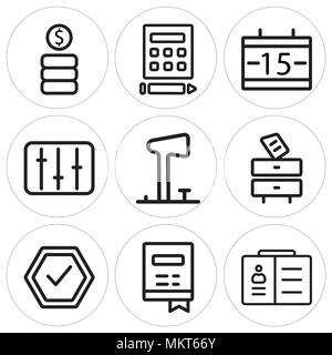 Set Of 9 simple editable icons such as Card, Notebook, Checked, Document, Lamp, Levels, Calendar, Calculator, Coins, can be used for mobile, web Stock Vector