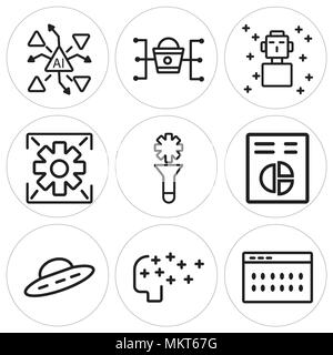 Set Of 9 simple editable icons such as Coding, Artificial intelligence, Ufo, Nuclear, Filter, Data, Robot, Marketing, AI, can be used for mobile, web Stock Vector
