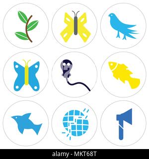 Set Of 9 simple editable icons such as Big Ax, Broken Earth, Dolphin Jumping, Silver Angelfish, Gas Mask, Butterfly with Wings, Bird Looking Right, Bu Stock Vector