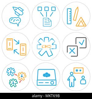 Set Of 9 simple editable icons such as Presentation, Server, Settings, Accept, Link, Office material, Network, Startup, can be used for mobile, web Stock Vector