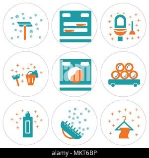 Set Of 9 simple editable icons such as Hanger, Brush, Cream, Bleach, Washing machine, Toilet, Dishwasher, Cleaning, can be used for mobile, web Stock Vector