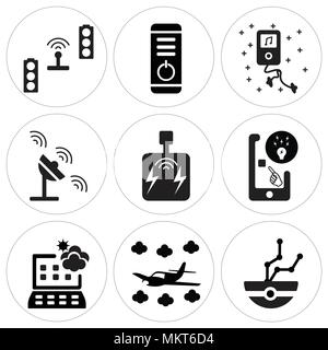 Set Of 9 simple editable icons such as Security camera, Airplane, Weather forecast, Working, Joystick, Communication, Mp4 player, Power button, Traffi Stock Vector