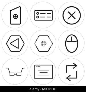 Set Of 9 simple editable icons such as Retweet, Browser, Glasses, Mouse, Arroba, Left arrow, Close, Menu, New file, can be used for mobile, web Stock Vector