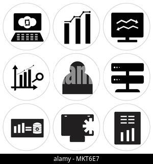 Set Of 9 simple editable icons such as Report, Safe, Analytic, Server, User, Search analytic, Analytic on computer, Cloude, can be used for mobile, we Stock Vector