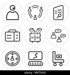 Set Of 9 simple editable icons such as Shipping, Laptop, Manager, Conversation, Cabinet, Suitcase, Search, Teamwork, Telemarketer, can be used for mob Stock Vector