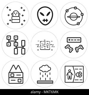 Set Of 9 simple editable icons such as Healing, Explosion, Bunker, Game console, Robot, Cpu, Outer space, Alien, Monster, can be used for mobile, web Stock Vector