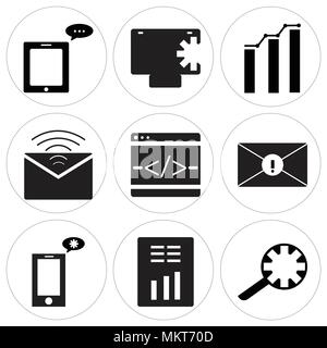 Set Of 9 simple editable icons such as Search setting, Report, Setting on phone, Programming code, Mail, Analytic, Safe, Message can be used for mobil Stock Vector