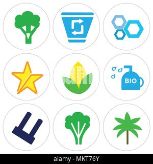 Set Of 9 simple editable icons such as Two Palm Trees, Big Tree, Ecological Light Bulb, Biodiesel, Ear of Corn, Star, Honeycomb, Papelera, Broccoli, c Stock Vector