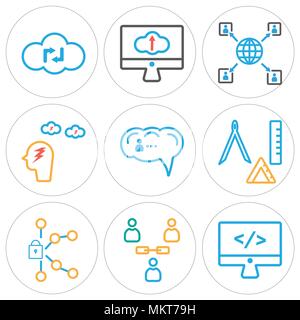 Set Of 9 simple editable icons such as Monitor, Users, Padlock, Compass, Brain, Brainstorming, Networking, Cloud computing, can be used for mobile, we Stock Vector