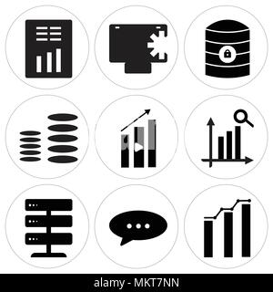 Set Of 9 simple editable icons such as Analytic, Chat, Data server, Search statistic, Analytic video, Diagram, Server key, Safe, Report, can be used f Stock Vector
