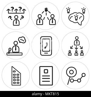 Set Of 9 simple editable icons such as Analysis, Newspaper, Building, Target, Smartphone, Creative, Idea, Leader, Question, can be used for mobile, we Stock Vector