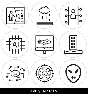 Set Of 9 simple editable icons such as Alien, Technical Support, Artificial intelligence, Flood, Laptop, Cpu, Users, Explosion, Healing, can be used f Stock Vector