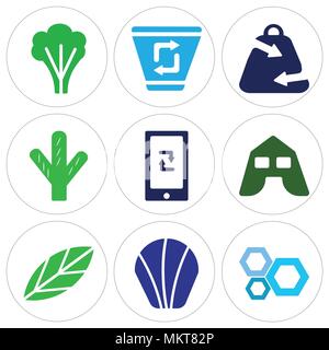 Set Of 9 simple editable icons such as Honeycomb, Sea Shell, Big Leaf, Tent, Ecological Trash Bin, Cactus, Ecologic Shopping Bag, Papelera, Tree, can  Stock Vector