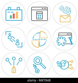 Set Of 9 simple editable icons such as Hierarchical structure, Loupe, Browser, Pie chart, Users, Email, Clipboard, can be used for mobile, web Stock Vector