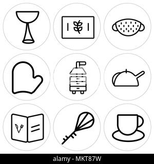 Set Of 9 simple editable icons such as Tea cup, Mixer, Recipe, Kettle, Extractor hood, Mitten, Strainer, Wheat, Cup, can be used for mobile, web Stock Vector