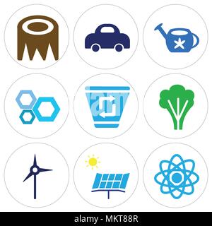 Set Of 9 simple editable icons such as Atom, Solar Battery, Eolian Energy, Big Tree, Papelera, Honeycomb, Watering Can with Flower, Electric Car, Stum Stock Vector