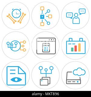 Set Of 9 simple editable icons such as Server, Folder, Graphic de, Clipboard, Browser, Hierarchical structure, User, Padlock, Stopwatch, can be used f Stock Vector
