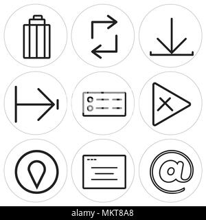 Set Of 9 simple editable icons such as At, Browser, Pin, Cross, Menu, Right arrow, Download, Retweet, Garbage, can be used for mobile, web Stock Vector
