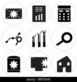 Set Of 9 simple editable icons such as Home, Safe, Data, Magnifier, Analytic, Search analytic, Calculator, Report, Mail settings, can be used for mobi Stock Vector