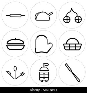 Set Of 9 simple editable icons such as Peeler, Extractor hood, Cutlery, Timer, Mitten, Frying pan, Towel, Kettle, Rolling pin, can be used for mobile, Stock Vector
