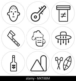 Set Of 9 simple editable icons such as Shield, Condiment, Beer, Australian, Tomahawk, Holy scriptures, Instrument, Mask, can be used for mobile, web Stock Vector
