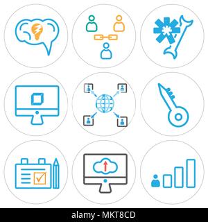 Set Of 9 simple editable icons such as Podium, Monitor, Clipboard, Key, Networking, 3d, Settings, Users, Idea, can be used for mobile, web Stock Vector