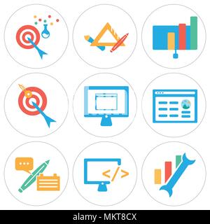Set Of 9 simple editable icons such as Bar chart, Monitor, Clipboard, Browser, Target, Presentation, Pen, Seo, can be used for mobile, web Stock Vector