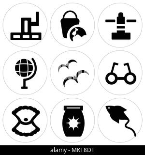 Set Of 9 simple editable icons such as Manta Ray, Sun Block, Big Shell, Sunglasses, Three Seagulls, Earth globe, Christ the eemer, Sand Bucket, Grand  Stock Vector