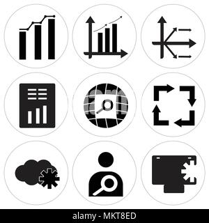 Set Of 9 simple editable icons such as Safe, Search person, Cloude, Reload, world, Report, Analytic arrow, Analytic, can be used for mobile, web Stock Vector